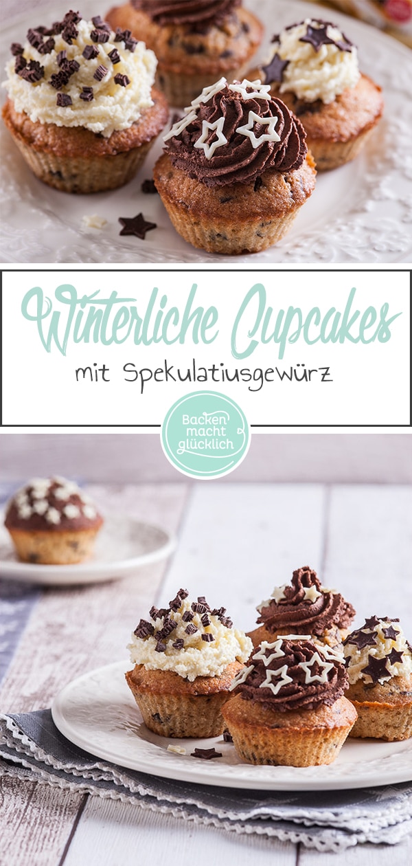 Diese Spekulatius-Cupcakes mit extra viel Schokolade im Teig, im Frosting und als Deko schmecken besonders im Herbst und Winter - für alle, die winterliche Gewürze wie Spekulatius, lieben! Die Spekulatius-Cupcakes mit Schokoladen-Topping machen einfach glücklich.