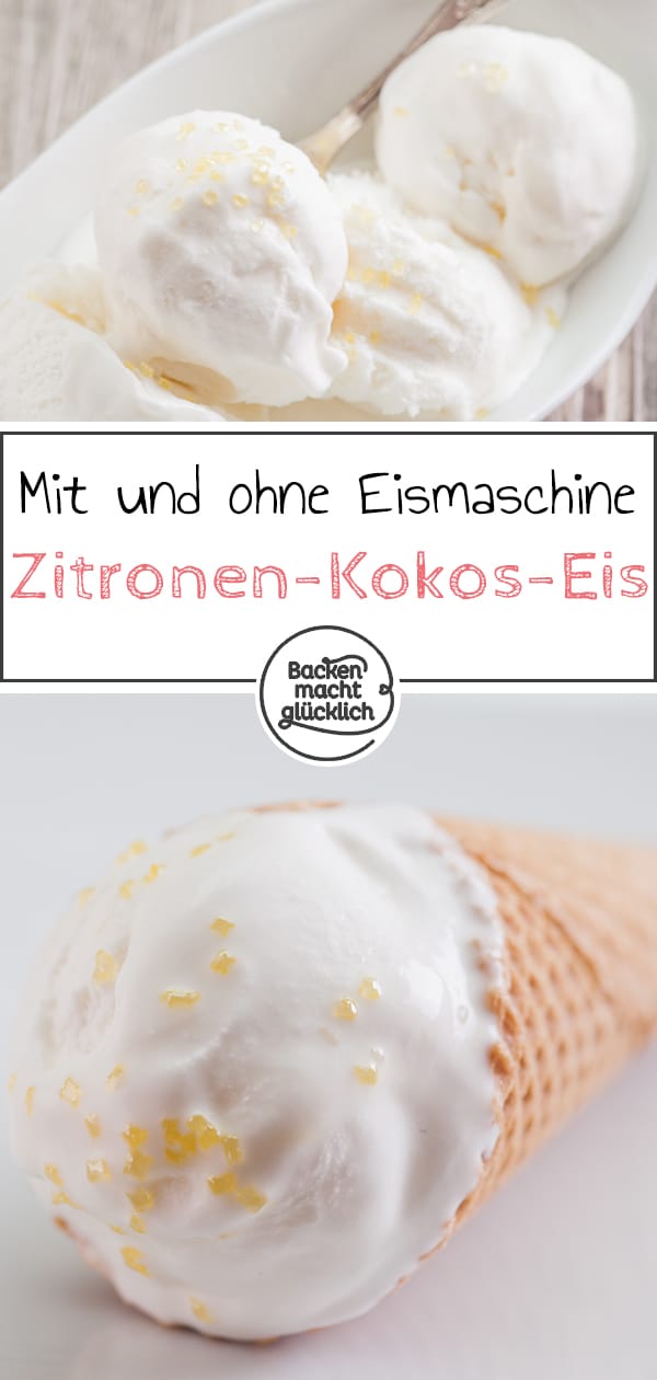 Wunderbar cremiges Zitroneneis, das man sowohl mit als auch ohne Eismaschine zubereiten kann. Das Kokos-Zitroneneis schmeckt frisch zubereitet genauso gut wie erst einige Tage später aus der Tiefkühltruhe
