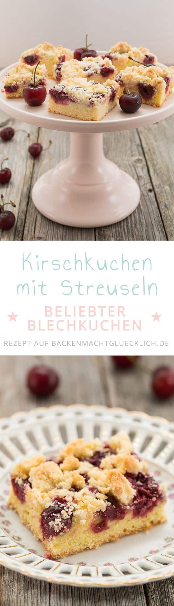 Lust auf einen saftigen Streusel-Kirschkuchen vom Blech? Dieser schnelle Kirschkuchen mit Streuseln nach Omas Rezept ist wunderbar saftig, einfach und schnell gemacht. #kirschkuchen #kirschen #sommer #streusel #streuselkuchen #sommerrezepte #backenmachtglücklich