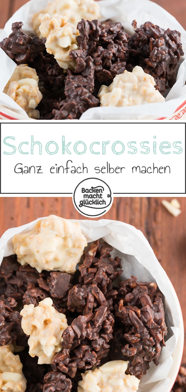 Schokocrossies mit Cornflakes und Mandeln gehen einfach immer! Die leckeren Knusperhäufchen schmecken an Weihnachten oder über das ganze Jahr verteilt.