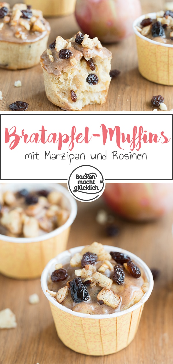 Sehr saftige Bratapfelmuffins mit Marzipan, Mandeln und Rosinen. Das perfekte Soulfood für Herbst und Winter!