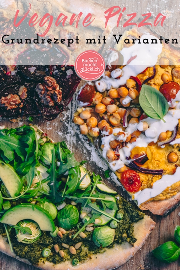 Einfaches Grundrezept für vegane Dinkel-Pizza ohne Käse - eine tolle Alternative zum Klassiker! Mit 3 köstlichen Varianten, wie man Pizza vegan belegen kann: Avocado-Pizza, Hummus-Pizza, Linsen-Pizza.