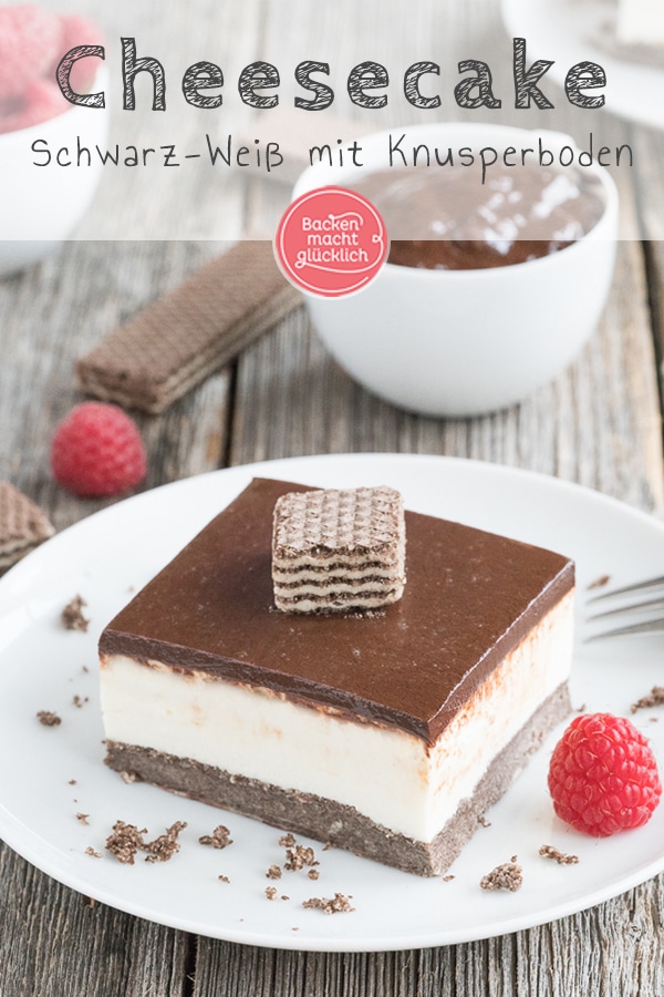 Ein köstlicher Schoko-Käsekuchen ohne Backen: Dieser schwarz-weiße Cheesecake mit Keksboden macht süchtig!