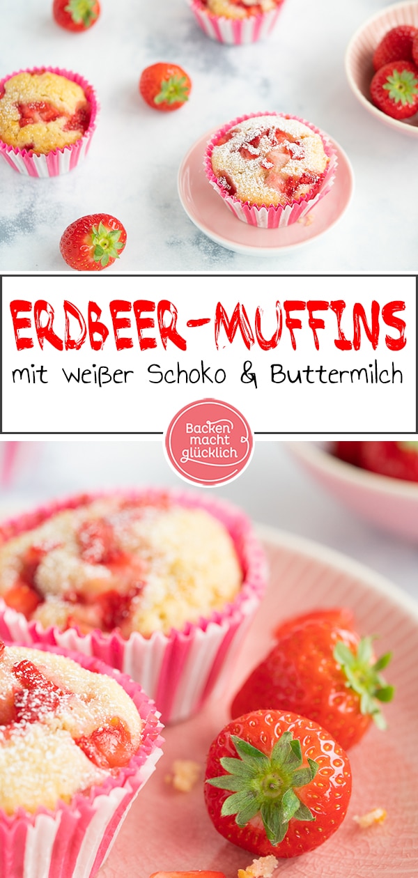 K&ouml;stliche, einfache Erdbeermuffins mit wei&szlig;er Schokolade und Buttermilch. Super saftig und blitzschnell gemacht!