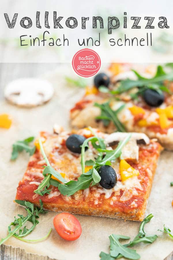 Ein einfaches Grundrezept für eine knusprige Vollkorn-Pizza vom Blech oder vom Pizzastein. Die gesunde Dinkelpizza lässt sich nach Belieben belegen und schmeckt auf jeden Fall der ganzen Familie. #pizza #vollkornpizza #pizzateig #trockenhefe #dinkelpizza #backenmachtglücklich