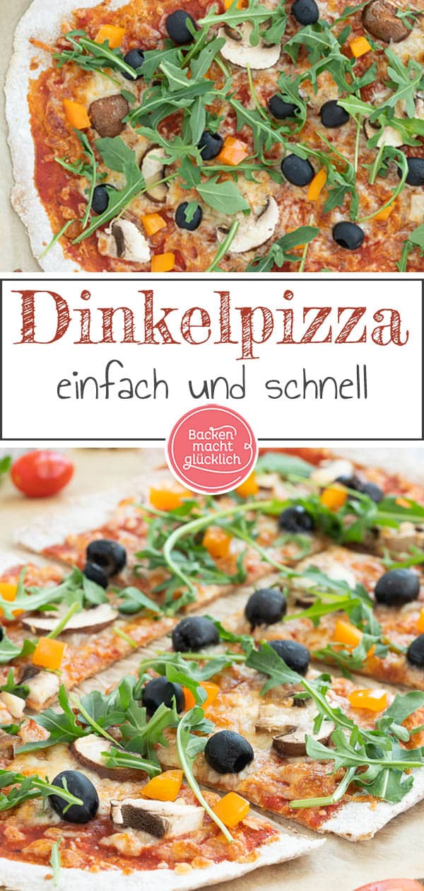 Ein einfaches Grundrezept für eine knusprige Vollkorn-Pizza vom Blech oder vom Pizzastein. Die gesunde Dinkelpizza lässt sich nach Belieben belegen und schmeckt auf jeden Fall der ganzen Familie. #pizza #vollkornpizza #pizzateig #trockenhefe #dinkelpizza #backenmachtglücklich