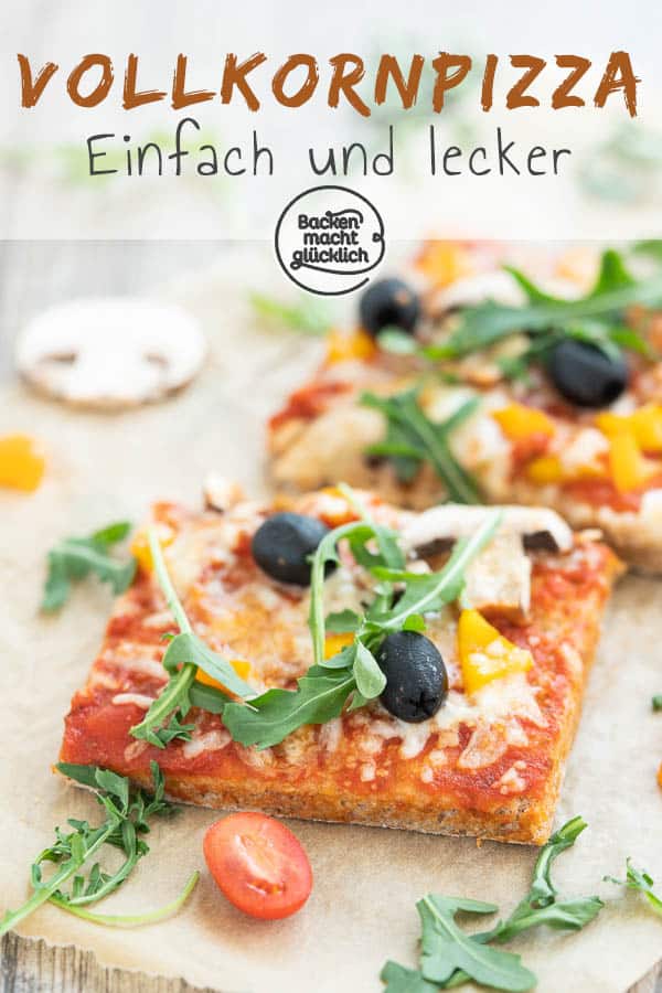Ein einfaches Grundrezept für eine knusprige Vollkorn-Pizza vom Blech oder vom Pizzastein. Die gesunde Dinkelpizza lässt sich nach Belieben belegen und schmeckt auf jeden Fall der ganzen Familie. #pizza #vollkornpizza #pizzateig #trockenhefe #dinkelpizza #backenmachtglücklich