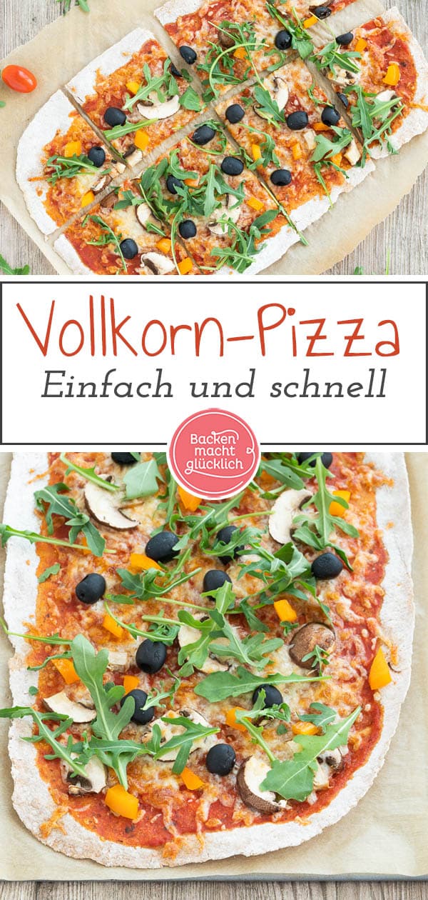 Ein einfaches Grundrezept für eine knusprige Vollkorn-Pizza vom Blech oder vom Pizzastein. Die gesunde Dinkelpizza lässt sich nach Belieben belegen und schmeckt auf jeden Fall der ganzen Familie. #pizza #vollkornpizza #pizzateig #trockenhefe #dinkelpizza #backenmachtglücklich