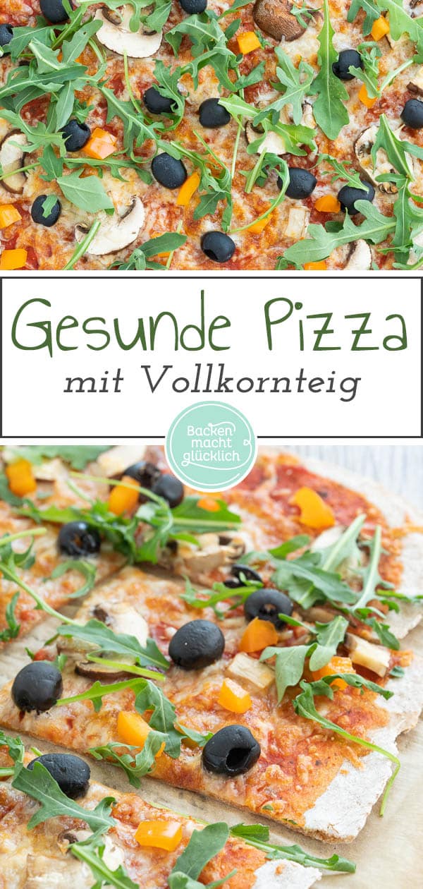 Ein einfaches Grundrezept für eine knusprige Vollkorn-Pizza vom Blech oder vom Pizzastein. Die gesunde Dinkelpizza lässt sich nach Belieben belegen und schmeckt auf jeden Fall der ganzen Familie. #pizza #vollkornpizza #pizzateig #trockenhefe #dinkelpizza #backenmachtglücklich