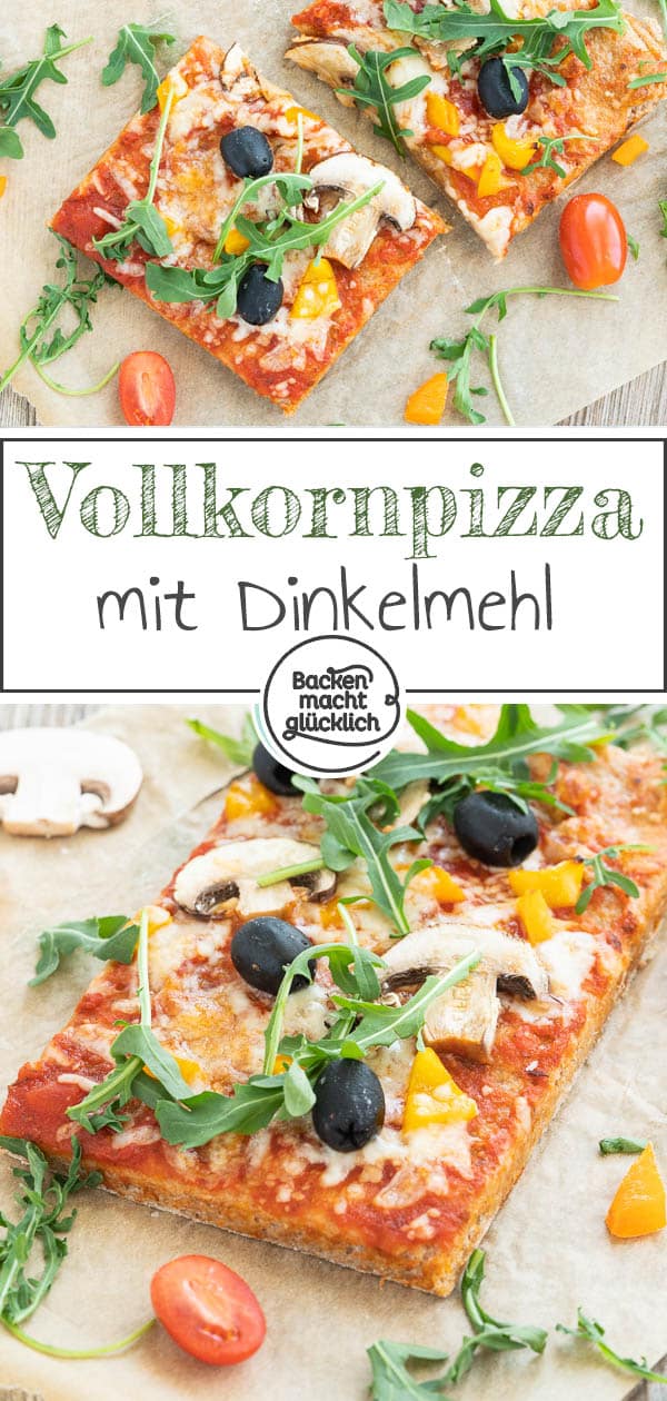 Ein einfaches Grundrezept für eine knusprige Vollkorn-Pizza vom Blech oder vom Pizzastein. Die gesunde Dinkelpizza lässt sich nach Belieben belegen und schmeckt auf jeden Fall der ganzen Familie. #pizza #vollkornpizza #pizzateig #trockenhefe #dinkelpizza #backenmachtglücklich