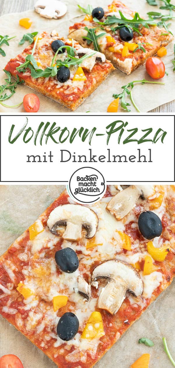 Ein einfaches Grundrezept für eine knusprige Vollkorn-Pizza vom Blech oder vom Pizzastein. Die gesunde Dinkelpizza lässt sich nach Belieben belegen und schmeckt auf jeden Fall der ganzen Familie. #pizza #vollkornpizza #pizzateig #trockenhefe #dinkelpizza #backenmachtglücklich
