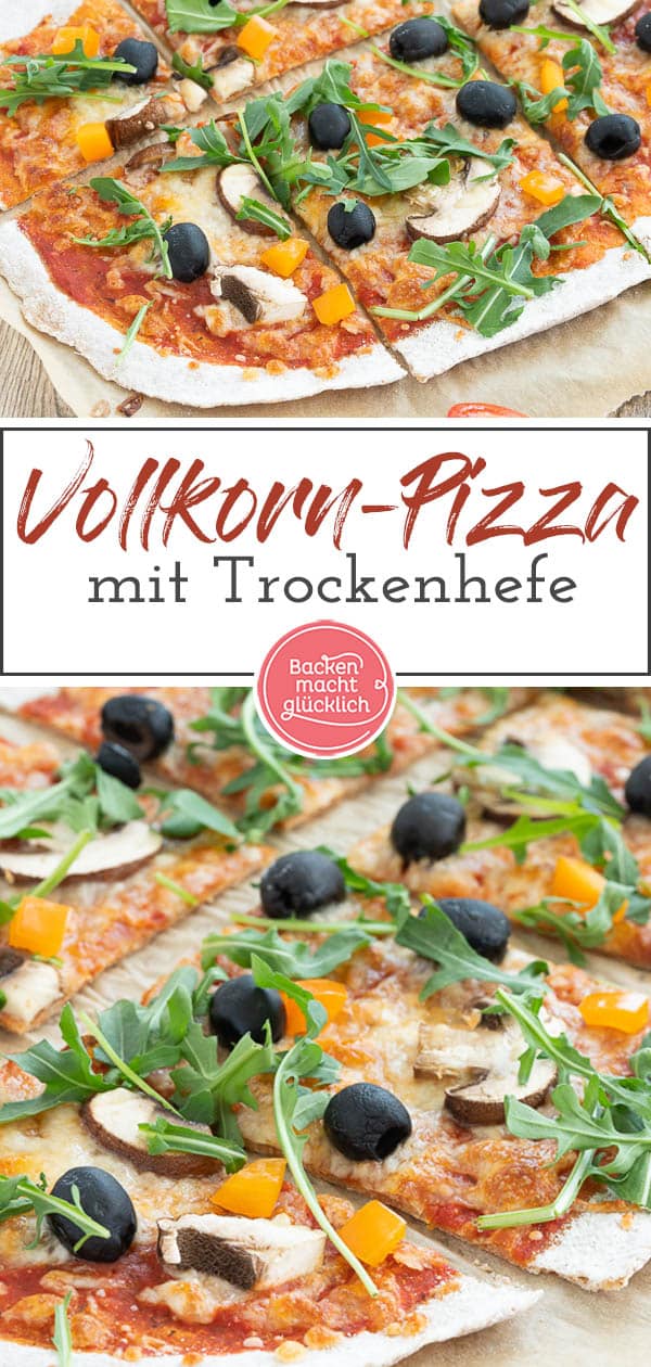 Ein einfaches Grundrezept für eine knusprige Vollkorn-Pizza vom Blech oder vom Pizzastein. Die gesunde Dinkelpizza lässt sich nach Belieben belegen und schmeckt auf jeden Fall der ganzen Familie. #pizza #vollkornpizza #pizzateig #trockenhefe #dinkelpizza #backenmachtglücklich
