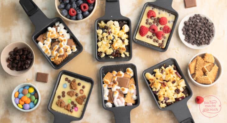 Süße Raclette-Pfännchen Raclette-Pfannkuchen, Marshmallow-Raclette und Raclette-Crumble mit Obst