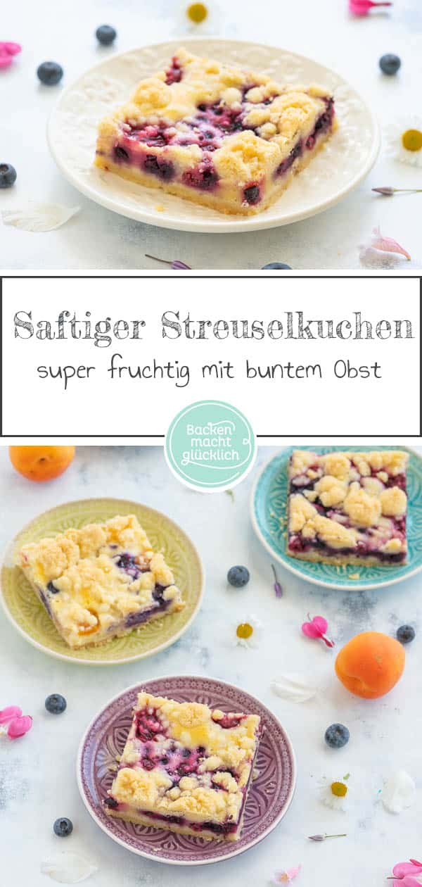 Mit dem saftigen Obst-Streusel-Kuchen vom Blech holt ihr euch einen echt k&ouml;stlichen Klassiker ins Haus! Allein, wenn ich schon wieder an die knusprigen Butter-Streusel denk l&auml;uft mir das Wasser im Mund zusammen. Dieser himmlische Blechkuchen mit Obst und Streuseln kommt einfach immer gut an! #streusel #streuselkuchen #obst #obstkuchen #blechkuchen #backenmachtgl&uuml;cklich