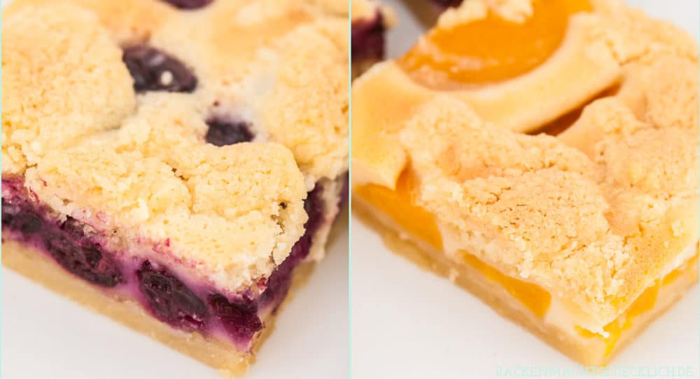 Mit dem saftigen Obst-Streusel-Kuchen vom Blech holt ihr euch einen echt k&ouml;stlichen Klassiker ins Haus! Allein, wenn ich schon wieder an die knusprigen Butter-Streusel denk l&auml;uft mir das Wasser im Mund zusammen. Dieser himmlische Blechkuchen mit Obst und Streuseln kommt einfach immer gut an! #streusel #streuselkuchen #obst #obstkuchen #blechkuchen #backenmachtgl&uuml;cklich