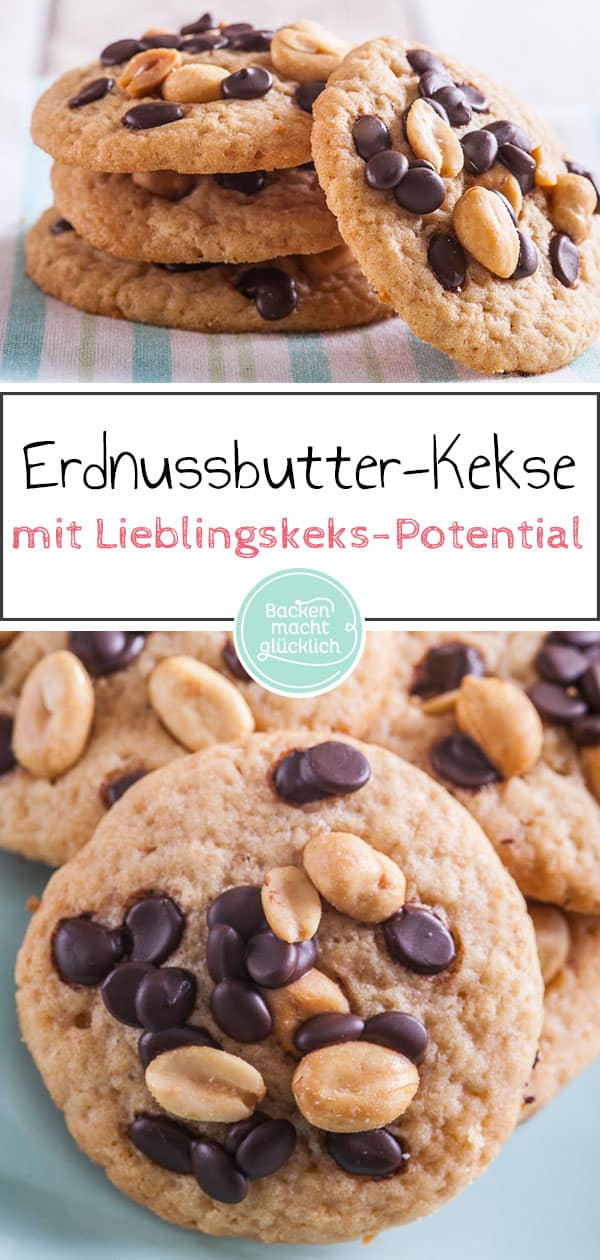 Diese Peanut Butter Cookies mit Erdnussbutter, Erdn&uuml;ssen und Schokolade haben das Zeug dazu, zu euren Lieblingskeksen zu werden! Die schnellen Erdnussbutterkekse sind sch&ouml;n weich und knackig zugleich, supers&uuml;ndig und einfach nur lecker.