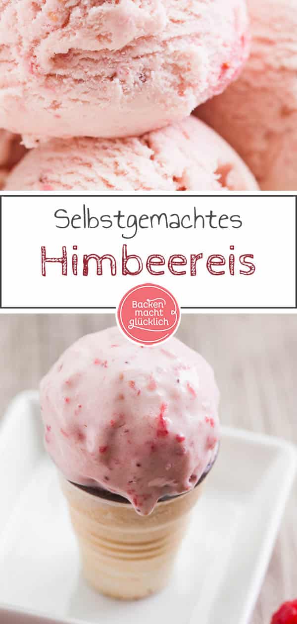 Leckere Himbeereiscreme wie aus der Eisdiele könnt ihr auch ganz einfach zu Hause machen. Dazu braucht ihr nicht mal eine Eismaschine. Dieses fruchtige, hausgemachte Himbeereis kommt einfach immer gut an! #eis #himbeereis #eiscreme #sommer #backenmachtglücklich