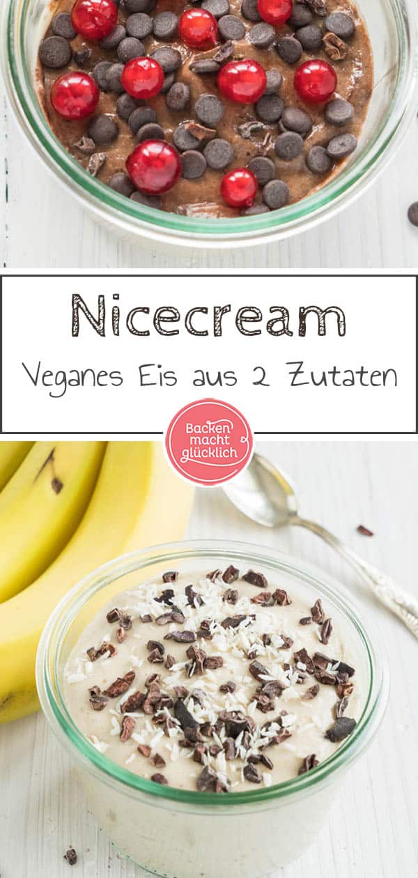 Kennt ihr schon die vegane Nicecream? Für dieses köstliche gesunde Eis braucht ihr nur zwei Zutaten: Bananen und eine Milchalternative eurer Wahl. Dadurch ist die vegane Nicecream nicht nur super einfach gemacht, sondern auch fettarm und ohne zugesetzten Zucker. #nicecream #eis #vegan #veganeseis #nanaeis #sommer #backenmachtglücklich