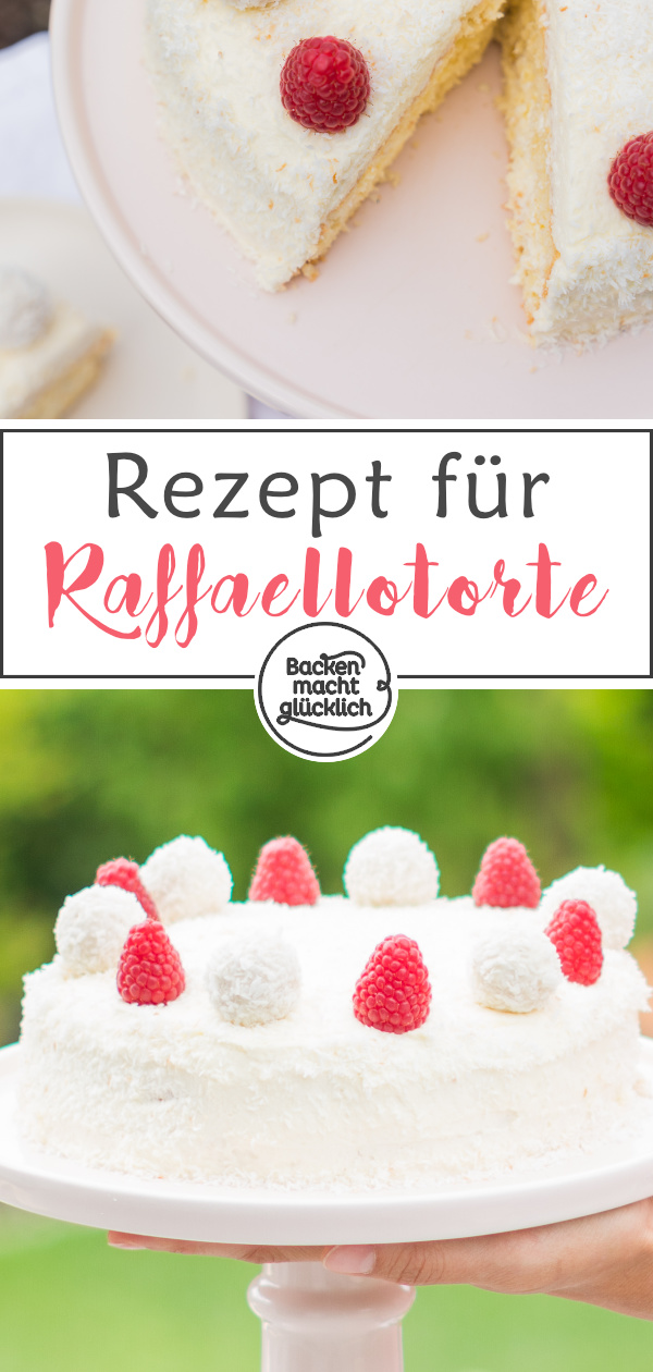 Gelingsicheres Rezept f&uuml;r eine k&ouml;stliche Raffaello-Torte ohne Gelatine, f&uuml;r uns die beste Kokostorte &uuml;berhaupt.