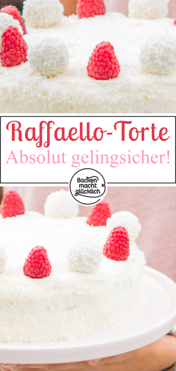 Gelingsicheres Rezept f&uuml;r eine k&ouml;stliche Raffaello-Torte ohne Gelatine, f&uuml;r uns die beste Kokostorte &uuml;berhaupt.