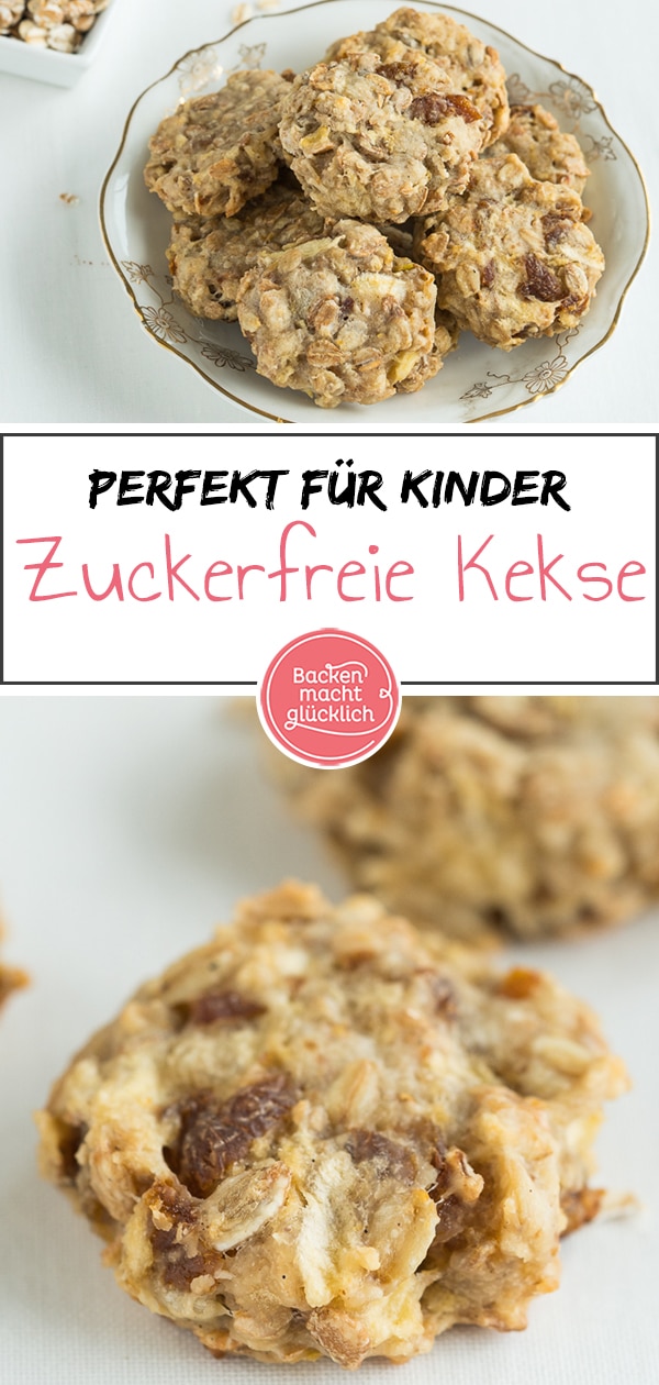 Einfaches Rezept für gesunde Kinder-Kekse. Diese Kekse sind ohne Zucker, Ei, Butter und Milch. Dabei sind die veganen Kekse so richtig schön fruchtig, weich und zugleich kernig.