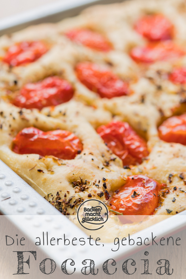 Einfaches Rezept für köstliche Focaccia mit Tomaten und Kräutern, ein italienisches Fladenbrot, das immer gut ankommt!