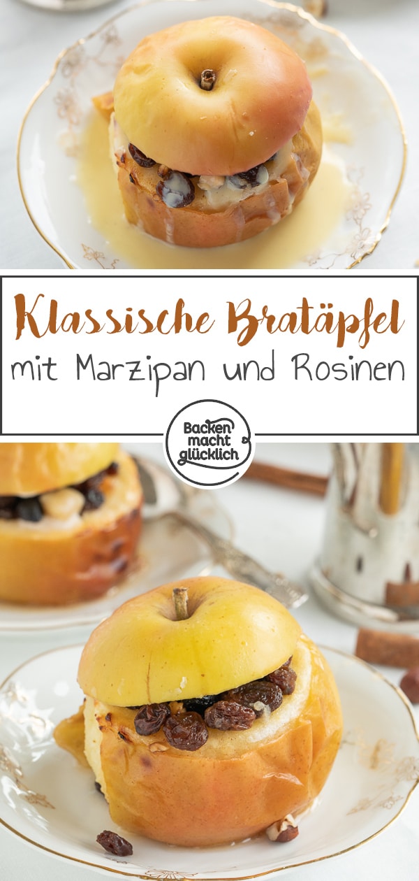 Die leckeren gefüllten Bratäpfel mit Marzipan, Rosinen und Zimt sind ein echter Winterklassiker. Ein super schnelles und einfaches Bratapfel-Rezept für Zuhause.