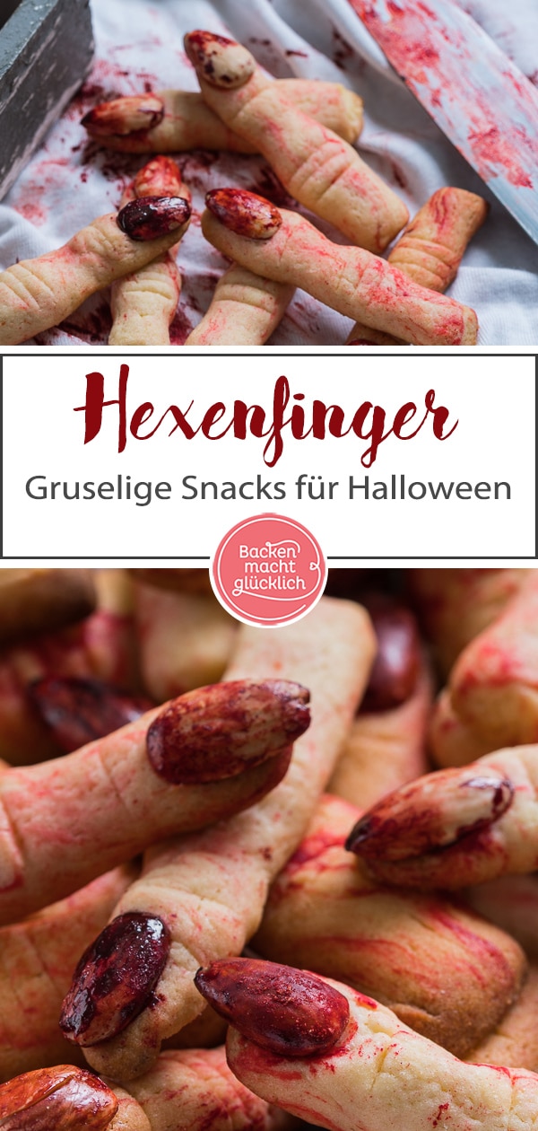 Lange abgehackte Finger mit blutigen Nägeln: Diese gruseligen Hexenfinger sind einfach die perfekten Halloween-Kekse und noch dazu sehr lecker! #halloween #fingerfood #snacks #backenmachtglücklich
