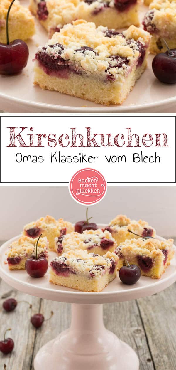 Lust auf einen saftigen Streusel-Kirschkuchen vom Blech? Dieser schnelle Kirschkuchen mit Streuseln nach Omas Rezept ist wunderbar saftig, einfach und schnell gemacht. #kirschkuchen #kirschen #sommer #streusel #streuselkuchen #sommerrezepte #backenmachtglücklich