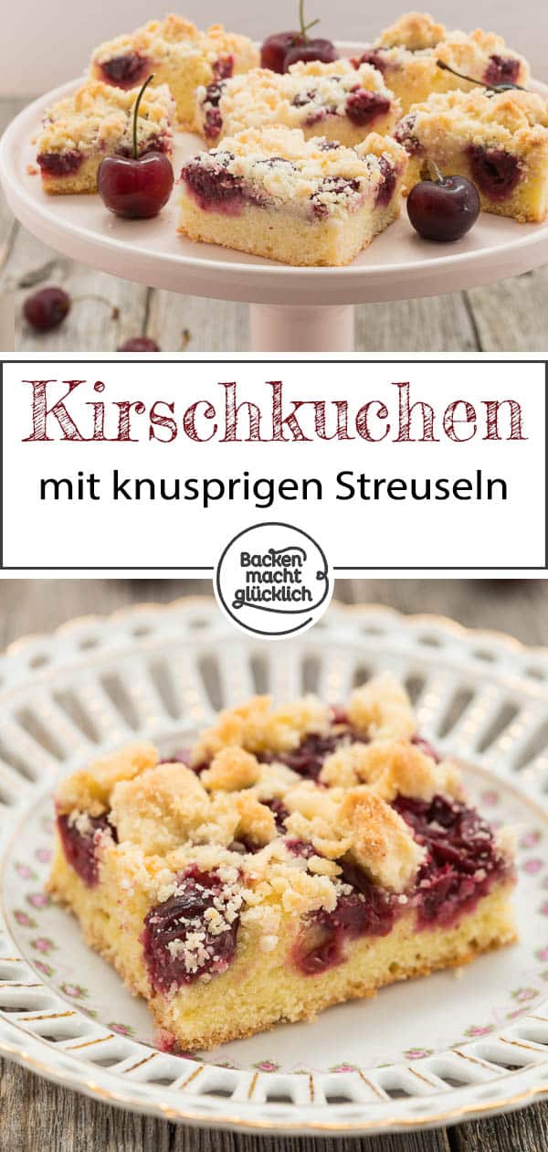 Lust auf einen saftigen Streusel-Kirschkuchen vom Blech? Dieser schnelle Kirschkuchen mit Streuseln nach Omas Rezept ist wunderbar saftig, einfach und schnell gemacht. #kirschkuchen #kirschen #sommer #streusel #streuselkuchen #sommerrezepte #backenmachtglücklich