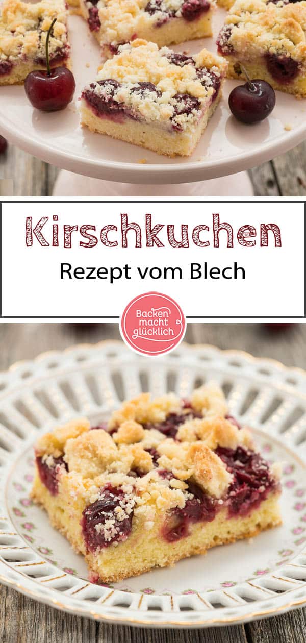 Lust auf einen saftigen Streusel-Kirschkuchen vom Blech? Dieser schnelle Kirschkuchen mit Streuseln nach Omas Rezept ist wunderbar saftig, einfach und schnell gemacht. #kirschkuchen #kirschen #sommer #streusel #streuselkuchen #sommerrezepte #backenmachtglücklich
