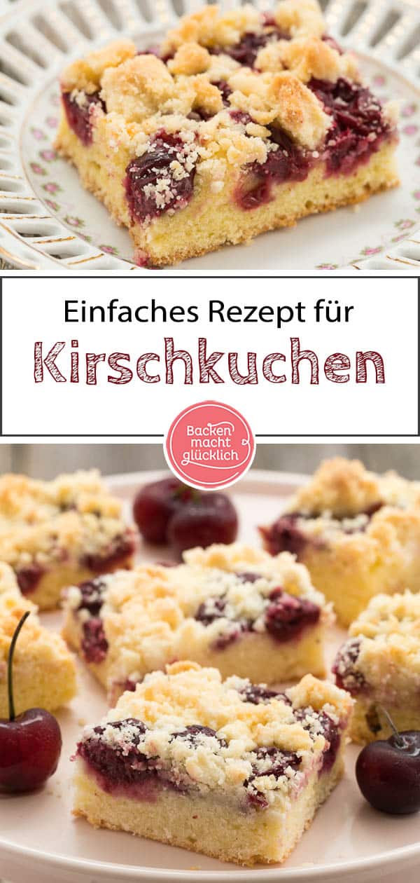 Lust auf einen saftigen Streusel-Kirschkuchen vom Blech? Dieser schnelle Kirschkuchen mit Streuseln nach Omas Rezept ist wunderbar saftig, einfach und schnell gemacht. #kirschkuchen #kirschen #sommer #streusel #streuselkuchen #sommerrezepte #backenmachtglücklich
