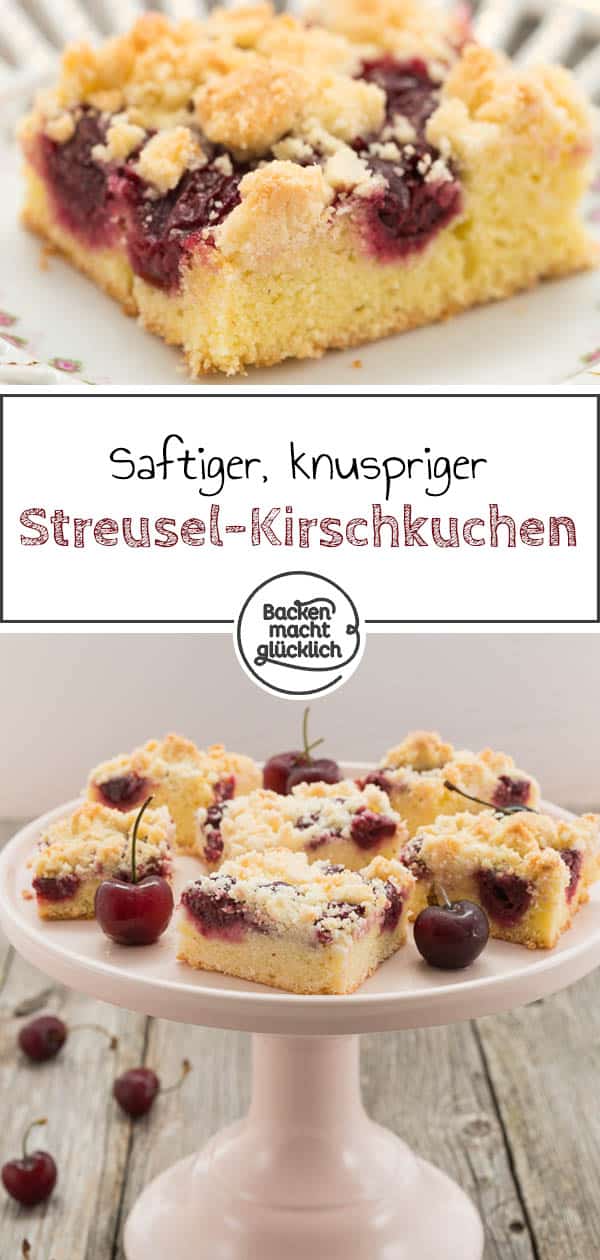 Lust auf einen saftigen Streusel-Kirschkuchen vom Blech? Dieser schnelle Kirschkuchen mit Streuseln nach Omas Rezept ist wunderbar saftig, einfach und schnell gemacht. #kirschkuchen #kirschen #sommer #streusel #streuselkuchen #sommerrezepte #backenmachtglücklich