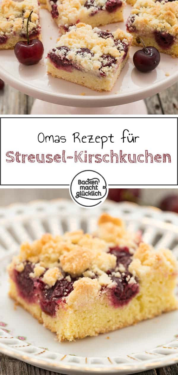 Lust auf einen saftigen Streusel-Kirschkuchen vom Blech? Dieser schnelle Kirschkuchen mit Streuseln nach Omas Rezept ist wunderbar saftig, einfach und schnell gemacht. #kirschkuchen #kirschen #sommer #streusel #streuselkuchen #sommerrezepte #backenmachtglücklich