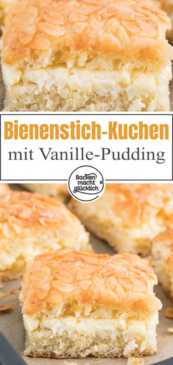 Einer der besten klassischen Blechkuchen: Dieser Bienenstich mit köstlicher Mandelkruste schmeckt einfach genial!