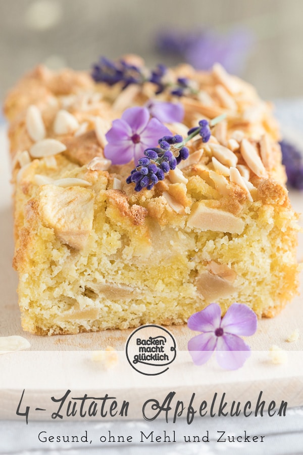 Lust auf einen köstlichen Apfelkuchen ohne Zucker und Mehl? Dieser ist glutenfrei, saftig & besteht aus nur 4 Zutaten!