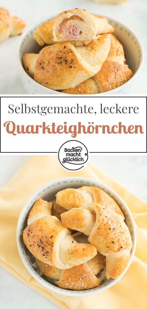 Einfache Käse-Schinken-Hörnchen aus Quark-Öl-Teig. Die pikant gefüllten Quarkhörnchen sind ein toller Partysnack