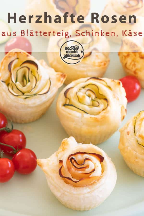 Schnelle pikante Rosenmuffins aus Blätterteig, Frischkäse, Zucchini bzw. Schinken. Die herzhaften Rosen-Muffins sind toll als Snack und zum Brunchen! Pluspunkt: Für die deftigen Blätterteigrosen benötigt ihr nur 3 Zutaten!