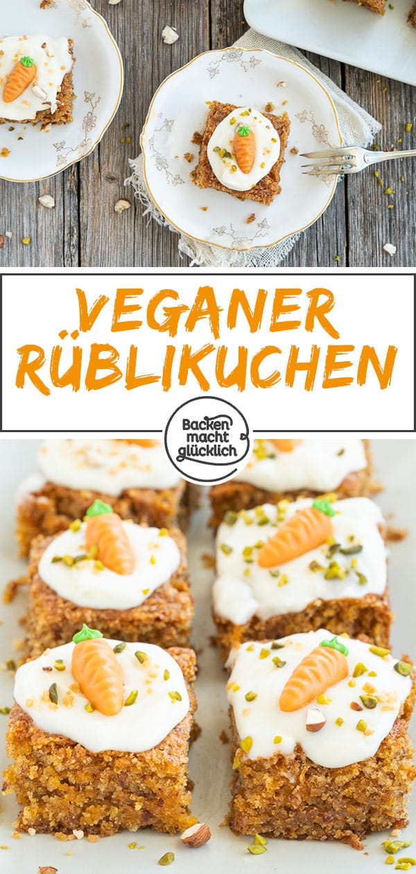 Herrlich saftig, aber ohne tierische Zutaten: Dieser vegane Möhrenkuchen ohne Ei, Butter und Milch steht dem klassischen Rüblikuchen in nichts nach!