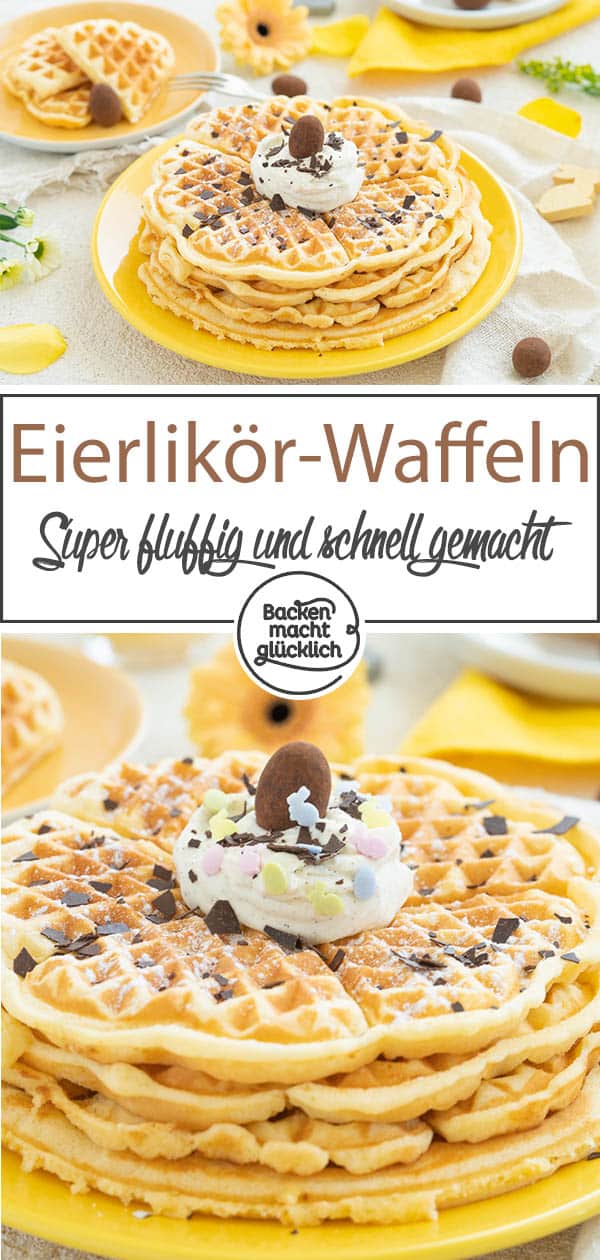 Diese einfachen Eierlikör-Waffeln schmecken nicht nur zu Ostern gut: Sie werden wunderbar luftig und saftig zugleich. Mit der passenden Deko sind die Waffeln mit Eierlikör auch fürs Auge ein Genuss!