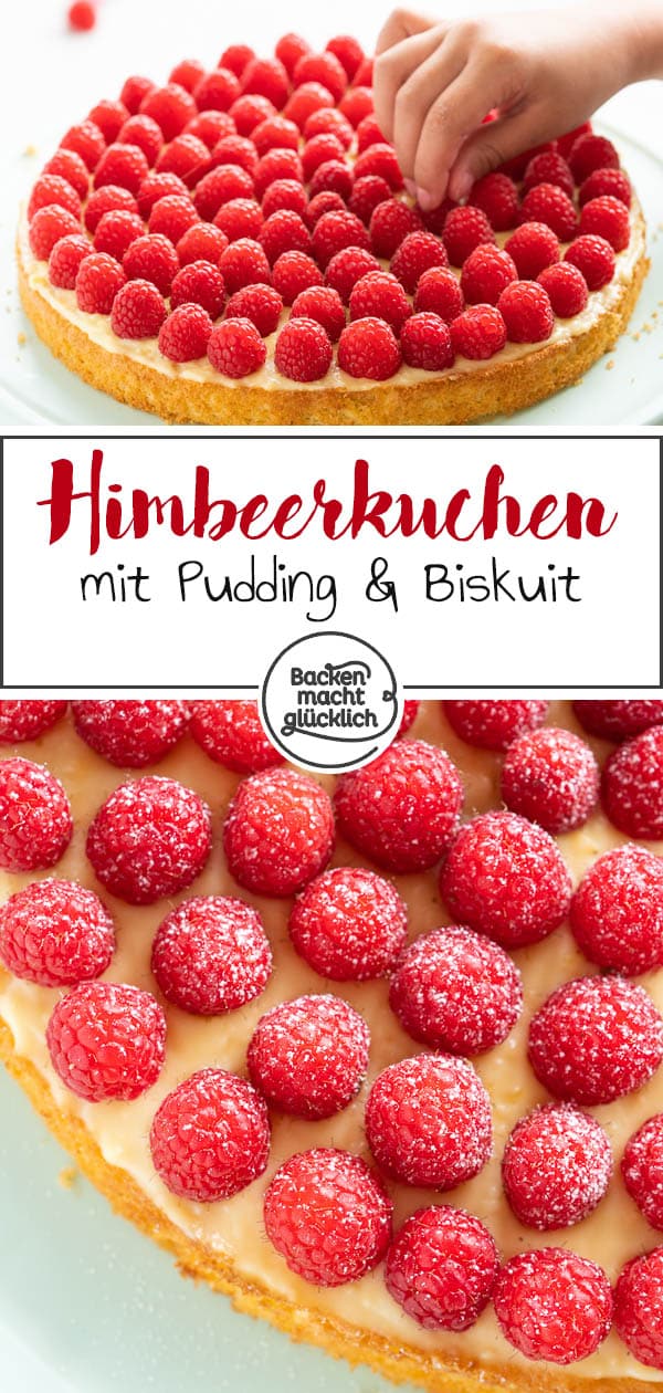 Wie wäre es mal mit einem köstlichen Himbeer-Pudding-Kuchen? Dieses super einfache Rezept für Himbeerkuchen mit Biskuit und leckerem Vanillepudding kommt wirklich bei jedem gut an! #himbeerkuchen #himbeeren #kuchen #einfach #himbeerkuchenmitpudding #backenmachtglücklich