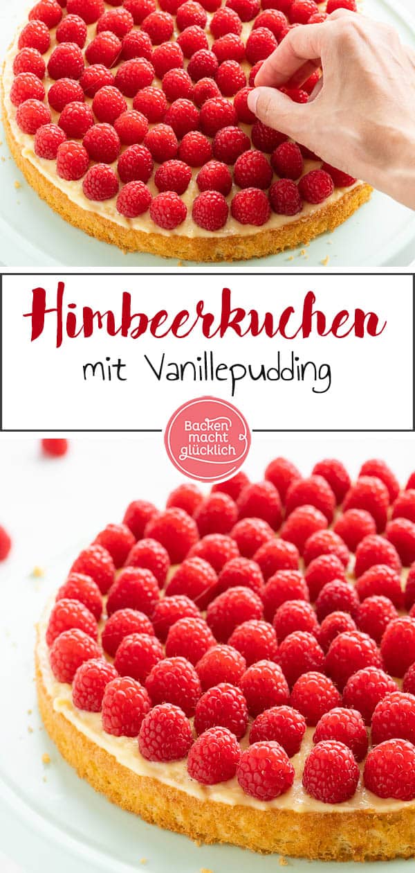 Wie wäre es mal mit einem köstlichen Himbeer-Pudding-Kuchen? Dieses super einfache Rezept für Himbeerkuchen mit Biskuit und leckerem Vanillepudding kommt wirklich bei jedem gut an! #himbeerkuchen #himbeeren #kuchen #einfach #himbeerkuchenmitpudding #backenmachtglücklich