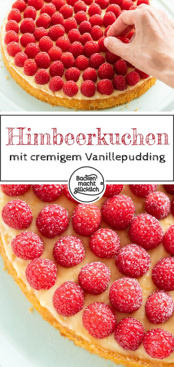 Wie wäre es mal mit einem köstlichen Himbeer-Pudding-Kuchen? Dieses super einfache Rezept für Himbeerkuchen mit Biskuit und leckerem Vanillepudding kommt wirklich bei jedem gut an! #himbeerkuchen #himbeeren #kuchen #einfach #himbeerkuchenmitpudding #backenmachtglücklich
