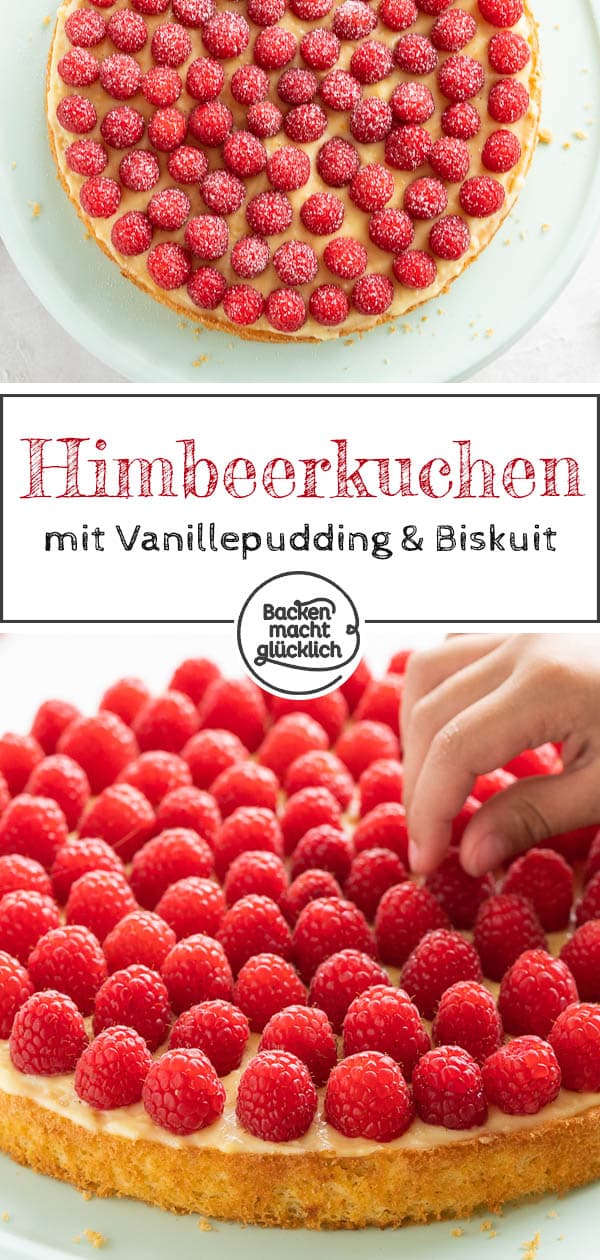 Wie wäre es mal mit einem köstlichen Himbeer-Pudding-Kuchen? Dieses super einfache Rezept für Himbeerkuchen mit Biskuit und leckerem Vanillepudding kommt wirklich bei jedem gut an! #himbeerkuchen #himbeeren #kuchen #einfach #himbeerkuchenmitpudding #backenmachtglücklich