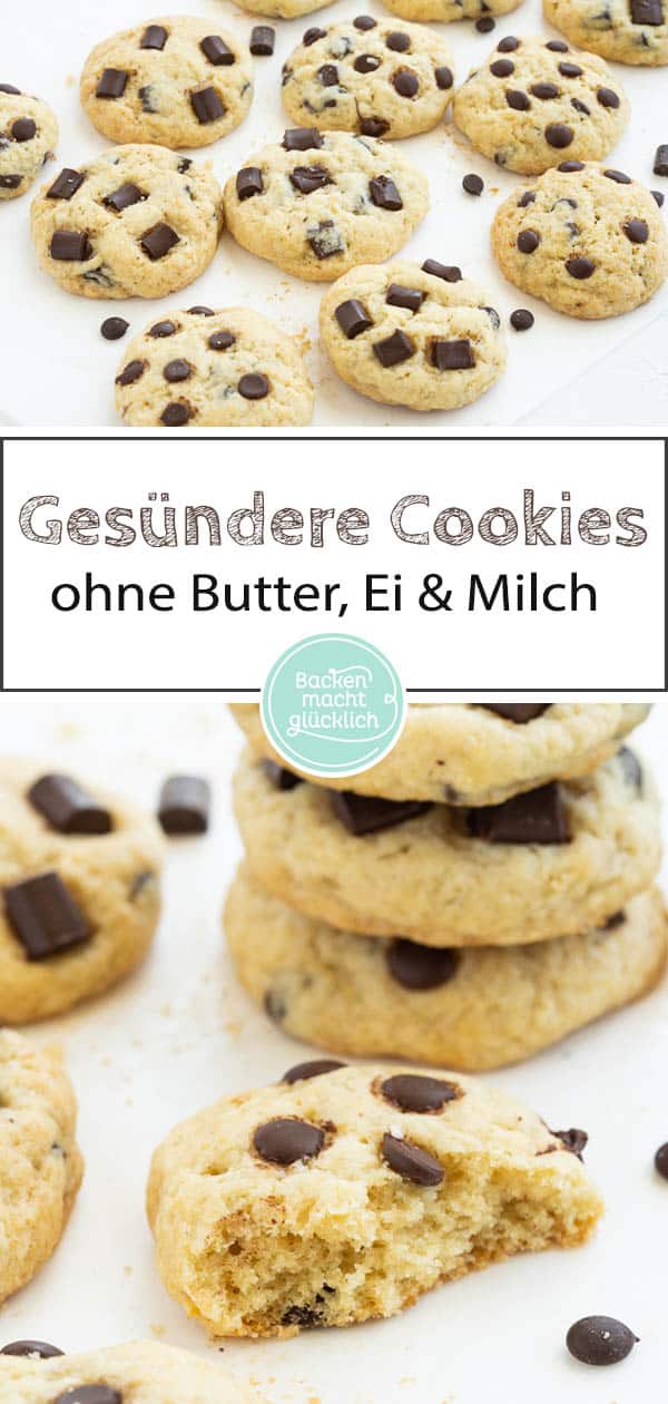 Die veganen Chocolate Chip Cookies sind nicht nur ein Traum für alle Veganer, sondern auch eine gesündere Alternative für alle anderen Cookie-Liebhaber. Der softe Keksteig wird dank dem einfachen Rezept für vegane Cookies ein Geschmackserlebnis zum Dahinschmelzen. #vegan #cookies #chocolatechipcookies #backenmachtglücklich