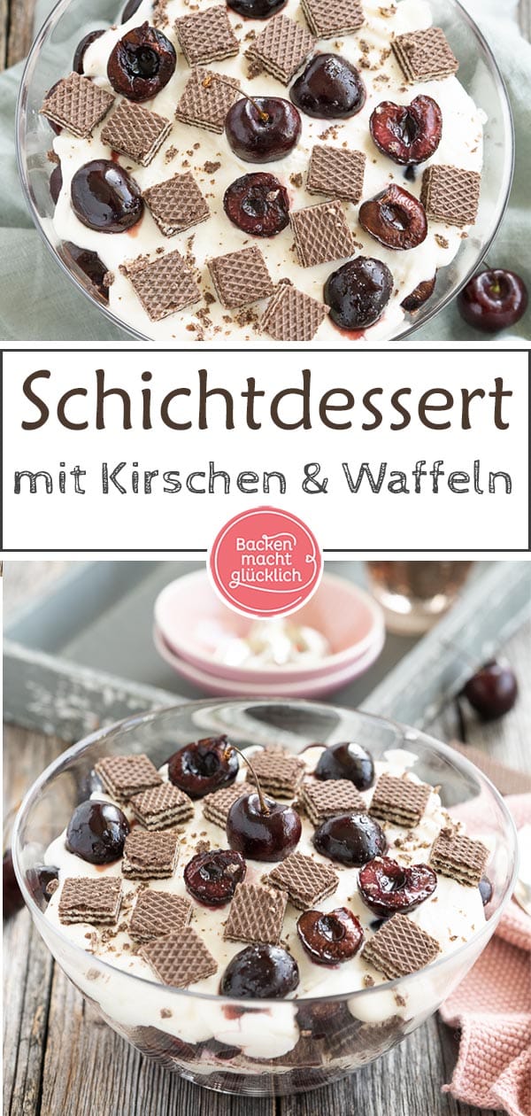 Köstliches Schichtdessert, ein tolles Dessert für Gartenpartys und Co: Dieses Trifle Rezept mit Kirschen und Schoko-Waffeln ist fix zubereitet und ein perfekter Nachtisch zum Mitbringen. #backenmachtglücklich #trifle #nachtisch #dessert