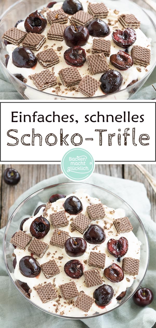 Köstliches Schichtdessert, ein tolles Dessert für Gartenpartys und Co: Dieses Trifle Rezept mit Kirschen und Schoko-Waffeln ist fix zubereitet und ein perfekter Nachtisch zum Mitbringen. #backenmachtglücklich #trifle #nachtisch #dessert