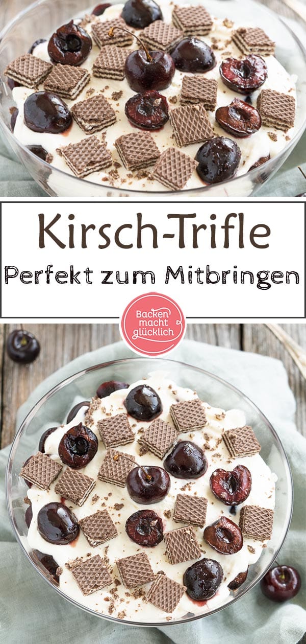 Köstliches Schichtdessert, ein tolles Dessert für Gartenpartys und Co: Dieses Trifle Rezept mit Kirschen und Schoko-Waffeln ist fix zubereitet und ein perfekter Nachtisch zum Mitbringen. #backenmachtglücklich #trifle #nachtisch #dessert
