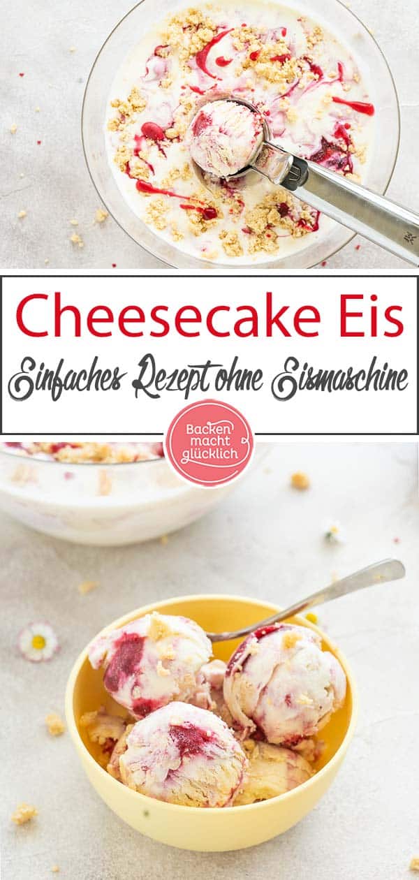 Wer Käsekuchen und Eis liebt, wird diese Cheesecake Eiscreme lieben! Das Lemon Cheesecake Eis funktioniert ohne Eismaschine und wird trotzdem cremig. Ihr werdet sehen: Ben and Jerrys Eis selbermachen ist super einfach! #backenmachtglücklich #eis #rezept #cheesecake
