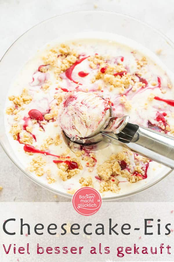 Wer Käsekuchen und Eis liebt, wird diese Cheesecake Eiscreme lieben! Das Lemon Cheesecake Eis funktioniert ohne Eismaschine und wird trotzdem cremig. Ihr werdet sehen: Ben and Jerrys Eis selbermachen ist super einfach! #backenmachtglücklich #eis #rezept #cheesecake